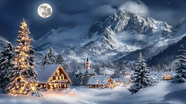 Snow-covered village with a glowing Christmas tree under a full moon and falling snow in front of a mountain range.
