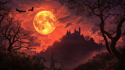古城と満月のハロウィンイラスト