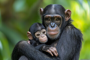 Naklejka premium A tender moment between a mother chimpanzee and her baby, showcasing their bond in a lush green environment.