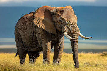 Fototapeta premium A solitary adult elephant with large tusks stands in a grassy savanna landscape, with a blurred blue sky and distant mountains in the background.