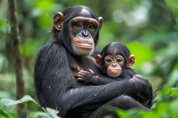 A mother chimpanzee holds her young offspring in a lush green forest, showcasing the bond between them.