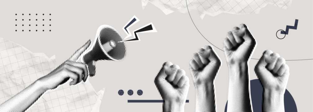 Trendy Halftone Collage Raised Fist up and hand with megaphone. Demonstration of protest. Fight for your rights. Power sign. Success and strength. Magazine style. Contemporary vector art illustration