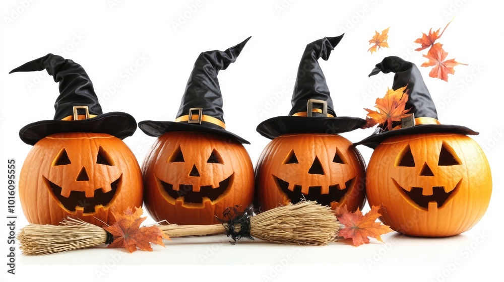 Poster Smiling pumpkins with witch hats and brooms on a white background