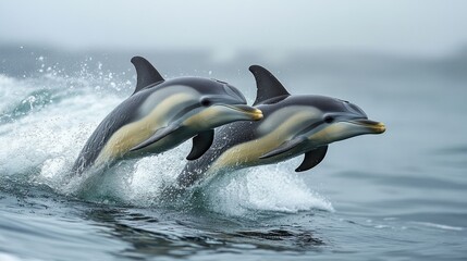 Obraz premium Two dolphins leaping out of the water, creating splashes and a wave.
