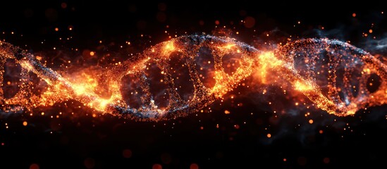 Obraz premium Fiery DNA double helix with glowing particles on black background.