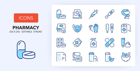 Line icons about pharmacy and drugstore. Contains such icons as treatment, homeopathy, drug and more. 256x256 Pixel Perfect editable in two colors