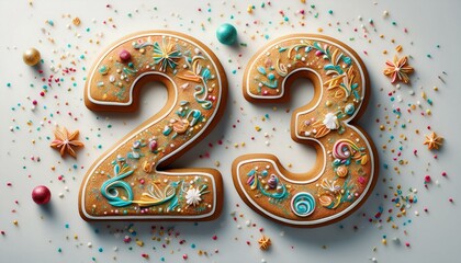 Naklejka premium Decorated cookie, number 23, illustration for birthday or anniversary celebration