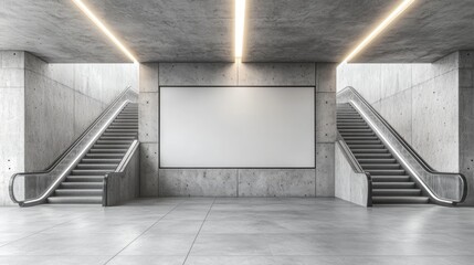 Obraz premium Two escalators leading to a large blank billboard in a modern concrete building.
