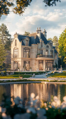 Obraz premium A picturesque scene of a grand, elegant mansion surrounded by lush greenery, with its reflection beautifully mirrored in a tranquil pond