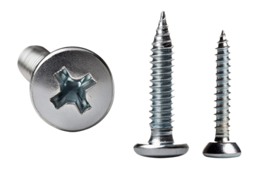 Three different types of metal screws, isolated on a black background for clear visibility.
