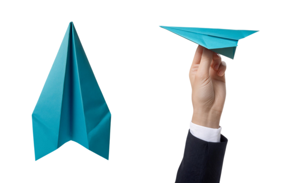 A hand holds a blue paper airplane, showcasing creativity and fun in a minimalist style.