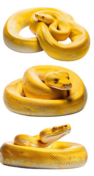 Yellow python snake on a white isolated background, showcasing its unique scale patterns and textures.