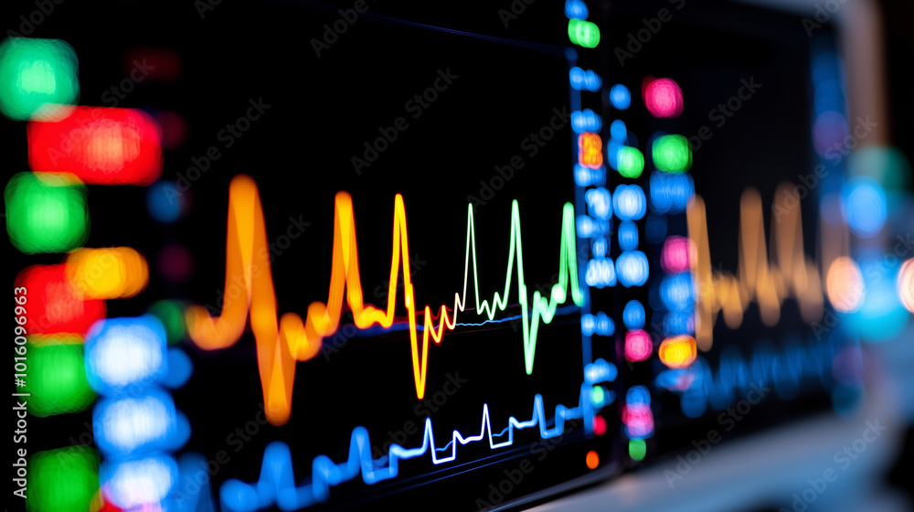Poster Close up of heart rate monitor displaying real time heart rate data with colorful waveforms. This captures vital signs monitoring process in medical setting, emphasizing health and technology