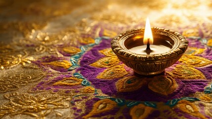Low angle view, an ornate brass diya surrounded by intricate rangoli designs of vibrant purple, yellow, and turquoise colors, set against a gold surface, copy space, happy Diwali background