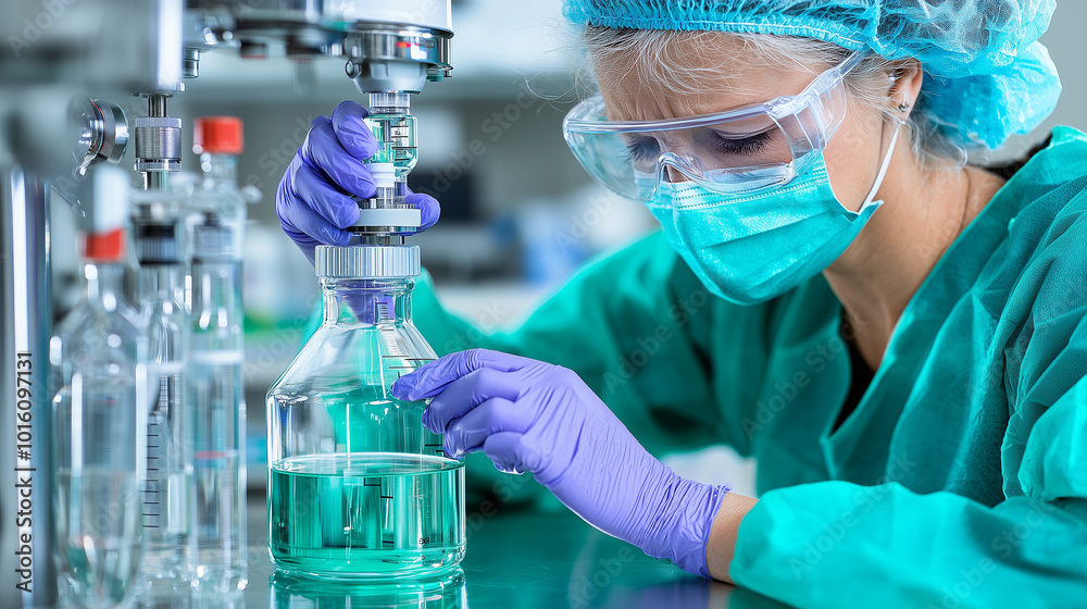 Poster healthcare professional in green surgical gown and protective gear is carefully handling laboratory 