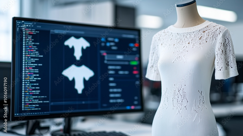 Poster fashion designer is using AI technology to visualize patterns on digital screen, showcasing white garment on mannequin. workspace is modern and tech oriented, reflecting innovation in fashion design