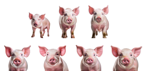 Seven adorable piglets with varying sizes and expressions on a white isolated background.