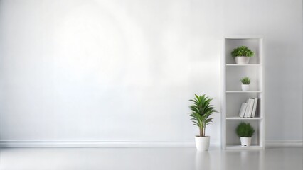 Minimalist white room featuring a potted plant and a bookshelf.






