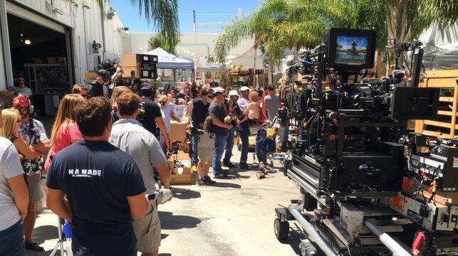 Film Crew and Extras On Set of Movie, TV Show, or Commercial During Outdoor Production in Florida