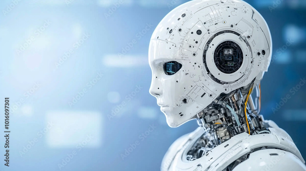Poster futuristic robot with sleek design and intricate circuitry showcases advanced technology and innovation. Its expressive features hint at blend of intelligence and creativity, embodying future of AI