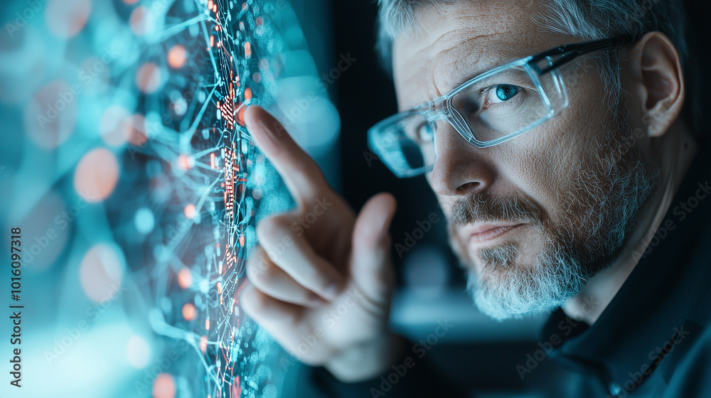 Aufkleber Innovative workspace featuring focused individual interacting with digital interface, showcasing advanced technology and AI integration. atmosphere is dynamic and futuristic, emphasizing creativity