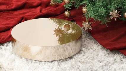 Gold round shiny podium table, red cloth, green Christmas tree with ornament on shag rug floor in...