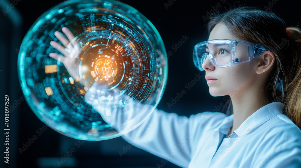 Poster Innovative woman in lab coat using augmented reality technology to interact with digital interface, showcasing future of design and technology