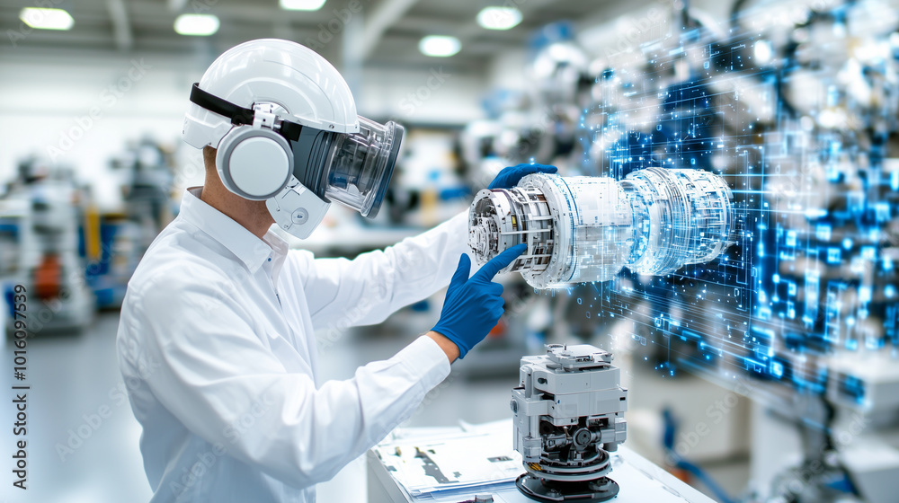 Poster product designer working with AI technology to simulate prototypes, wearing helmet and gloves in modern workspace. scene conveys innovation and advanced engineering