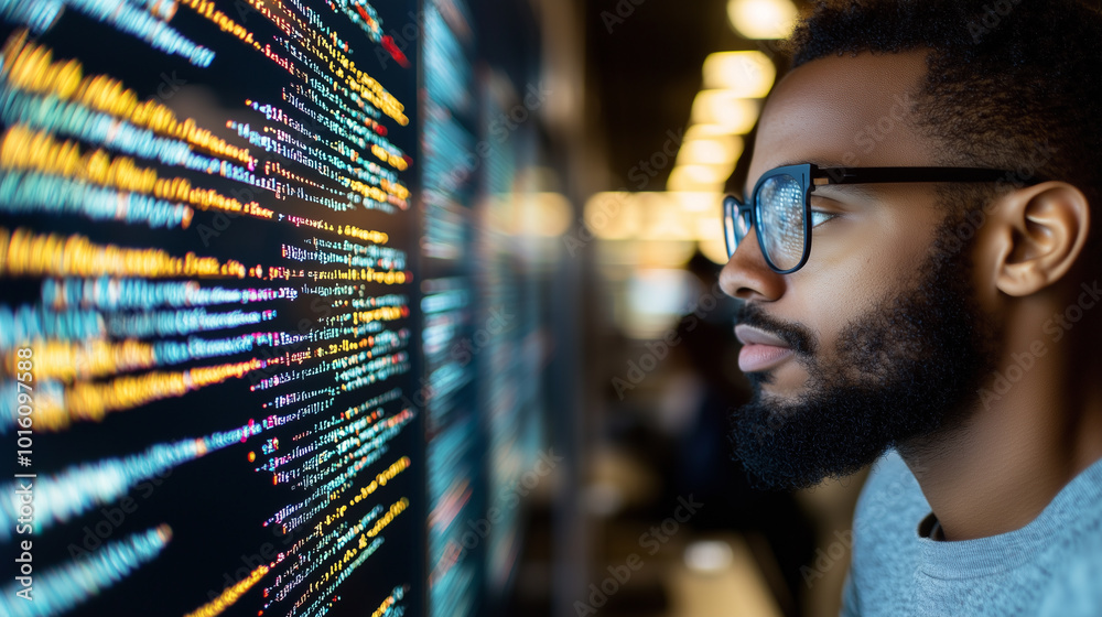 Poster focused man analyzes code on digital screen, showcasing intersection of technology and design. His concentration reflects innovative spirit of product design in AI era