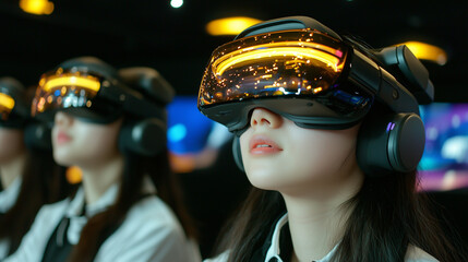 Immersed in virtual reality, woman experiences cutting edge technology with VR headset. scene captures excitement and innovation of modern digital experiences