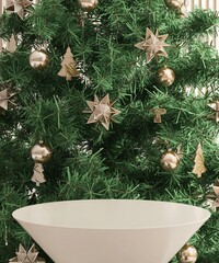 Beige white round podium table, green Christmas tree with gold ornament in sunlight for luxury, elegant cosmetic, skincare, body care, beauty product display background 3D