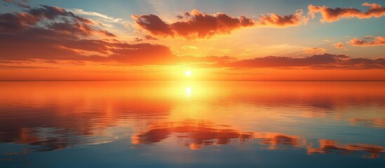 Fototapeta premium Vibrant sunset reflecting in a calm ocean with a clear sky.