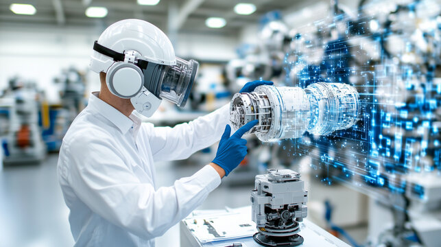 product designer working with AI technology to simulate prototypes, wearing helmet and gloves in modern workspace. scene conveys innovation and advanced engineering
