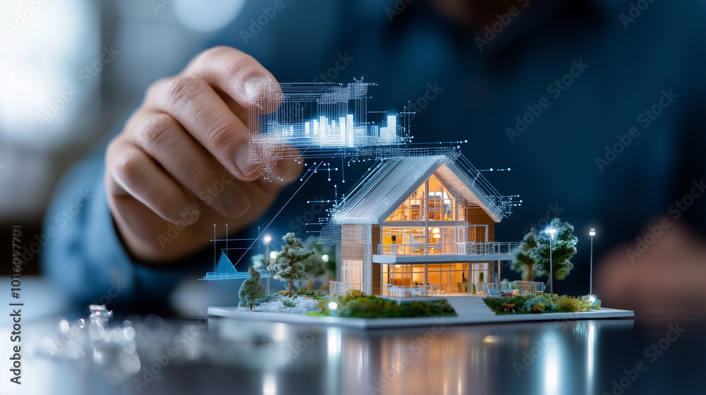 Poster team of architects is using ai to simulate eco friendly house design. model showcases innovative fea
