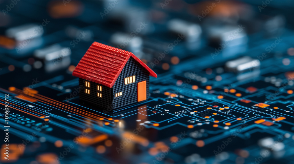 Poster miniature house model sits on circuit board, symbolizing intersection of technology and home design. This captures essence of modern architecture and innovation