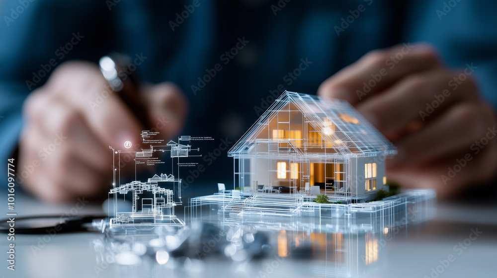 Poster innovative architects using ai technology to design eco friendly homes, showcasing digital model of 