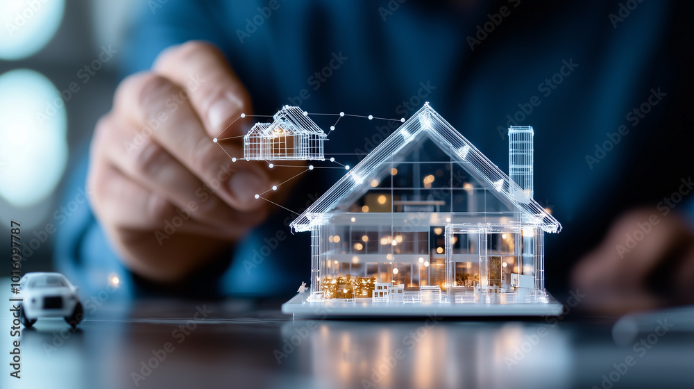 Poster person is using advanced technology to create digital model of eco friendly house, showcasing innova