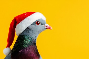 Dove wearing a Santa Claus Hat on a yellow color background. Copy space for your text. Cute funny pigeon dressed carnival clothes, red costume. Humor, winter concept. Bird wear headwear Xmas party © Marina Demidiuk