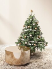 Round shiny gold podium table, green Christmas tree with silver, gold ornament in sunlight on beige wall for luxury, elegant cosmetic, skincare, body care, beauty product display background 3D