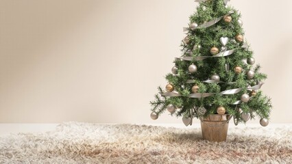 Green Christmas tree with silver and gold ball, ribbon on shag rug floor in sunlight on beige wall living room for Christmas decoration, New Year celebration, product display background concept