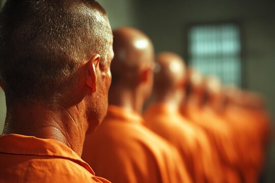 Men in orange prison uniforms, standing in a line, facing away, atmosphere of confinement and reflection.