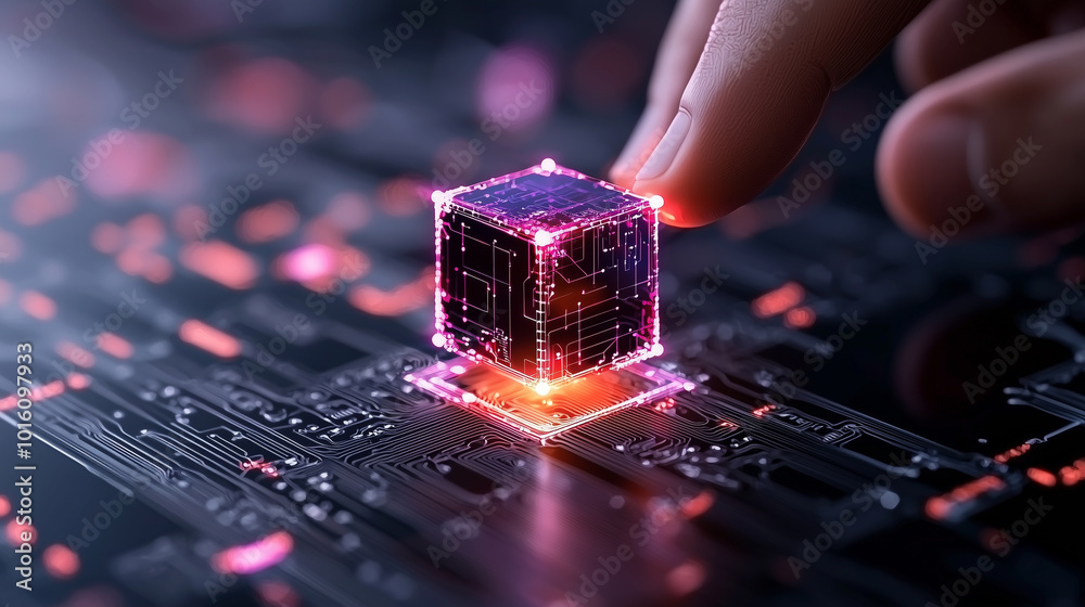 Poster image depicts hand interacting with glowing digital cube on circuit board, symbolizing advanced technology and innovation