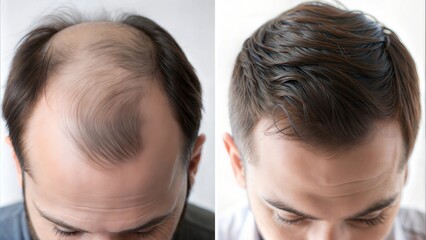Close-up of a man's scalp displaying a before and after comparison of hair restoration, with the left side showing thinning hair and baldness, and the right side showcasing thick, restored hair.





