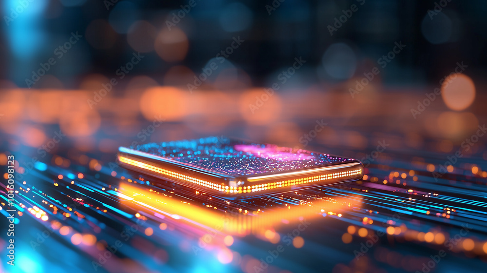 Poster futuristic smartphone with glowing edges is placed on vibrant, illuminated surface, surrounded by co