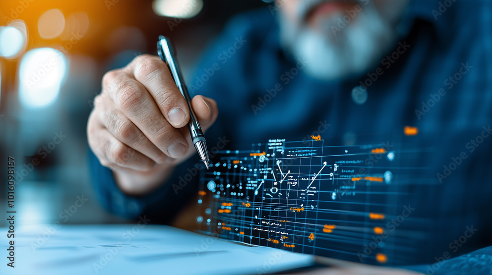 Poster Creating interactive design mockups for digital projects can be engaging process. This captures person using pen to illustrate complex diagrams and designs, showcasing creativity and innovation