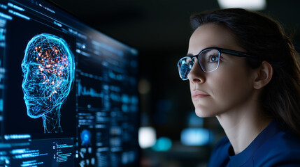 Innovative woman analyzing digital brain data on screen, showcasing advanced technology and artificial intelligence. Her focused expression reflects importance of her work in digital realm