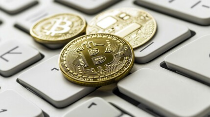 Gold Coins with Bitcoin Symbol on White Keyboard in Kiev Representing Cryptocurrency Investment