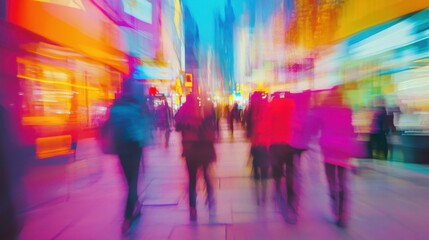 Abstract blurred group of tourists walking through a brightly lit shopping district, with colorful storefronts creating a dynamic backdrop.