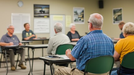 Community members engage in a discussion during a local education session in an indoor classroom setting in the afternoon