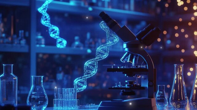 Science, Technology, Engineering, and Medicine (STEM) Day. Microscope with a double helix and DNA in a futuristic laboratory. Medical research concept. Microscope and DNA double helix. Biology lab. 